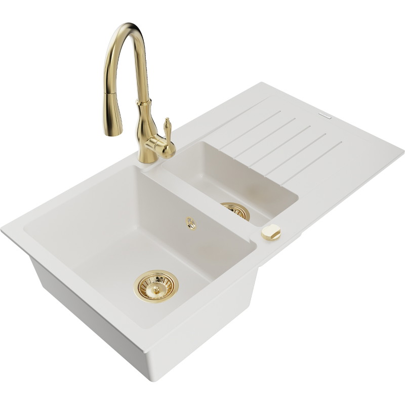 Mexen Matias 1.5-bowl Granite Sink with Drainer and Savita Kitchen Faucet, White - 6502-20-672601-50