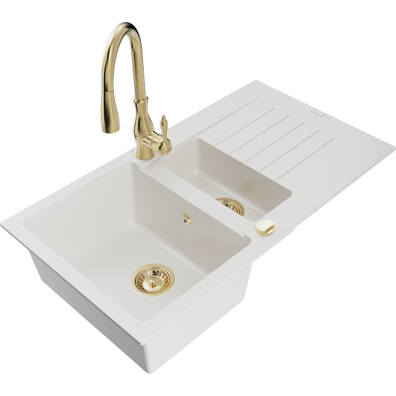 Mexen Matias 1.5-compartment granite sink with a drip tray and kitchen mixer tap Savita, White - 6502-20-672601-50