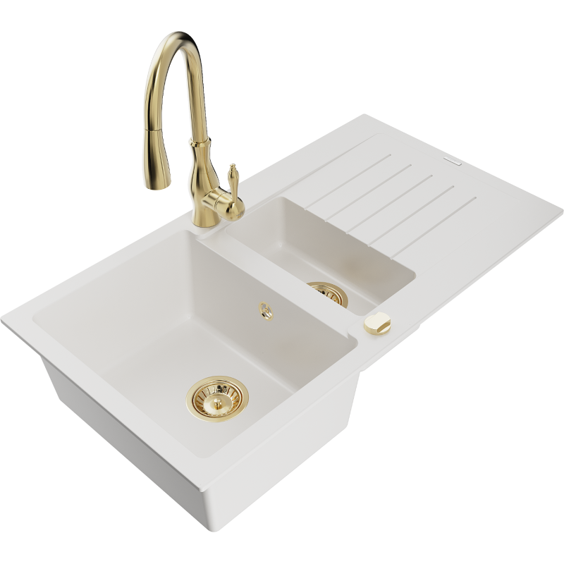 Mexen Matias granite sink 1.5-bowl with drainer and Savita kitchen tap, white - 6502-20-672601-50