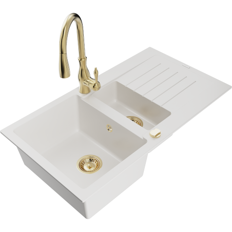 Mexen Matias 1.5-compartment granite sink with a drip tray and kitchen mixer tap Savita, White - 6502-20-672601-50