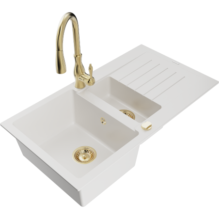 Mexen Matias granite sink 1.5-bowl with drainer and Savita kitchen tap, white - 6502-20-672601-50