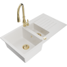 Mexen Matias 1.5-compartment granite sink with a drip tray and kitchen mixer tap Savita, White - 6502-20-672601-50