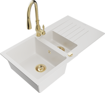 Mexen Matias 1.5-compartment granite sink with a drip tray and kitchen mixer tap Savita, White - 6502-20-672601-50