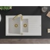Mexen Matias granite sink 1.5-bowl with drainer and Savita kitchen tap, white - 6502-20-672601-50