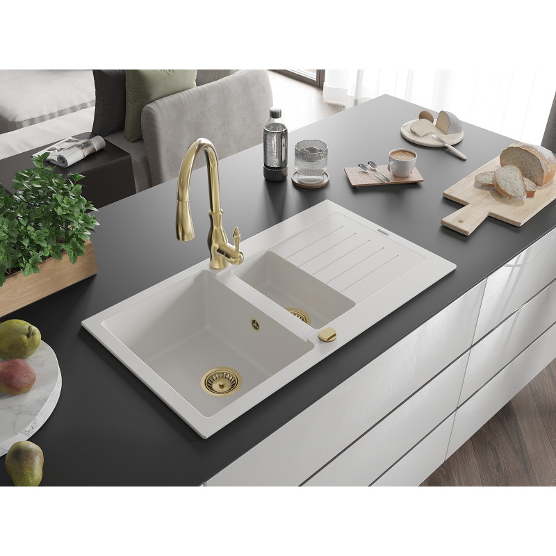 Mexen Matias 1.5-bowl Granite Sink with Drainer and Savita Kitchen Faucet, White - 6502-20-672601-50