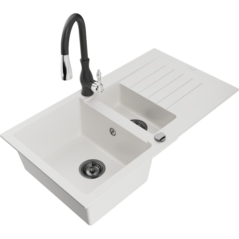 Mexen Matias granite sink 1.5-bowl with drainer and Savita kitchen faucet, white - 6502-20-672601-70