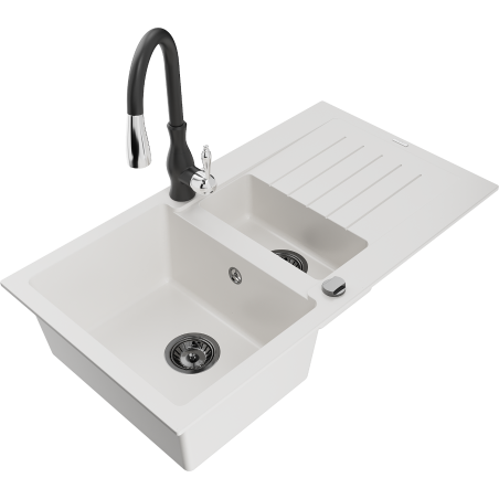 Mexen Matias granite sink 1.5-bowl with drainer and Savita kitchen faucet, white - 6502-20-672601-70
