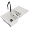 Mexen Matias granite sink 1.5-bowl with drainer and Savita kitchen faucet, white - 6502-20-672601-70