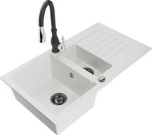 Mexen Matias 1.5-compartment granite sink with a drip tray and kitchen mixer tap Savita, White - 6502-20-672601-70