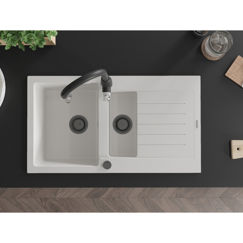 Mexen Matias granite sink 1.5-bowl with drainer and Savita kitchen faucet, white - 6502-20-672601-70