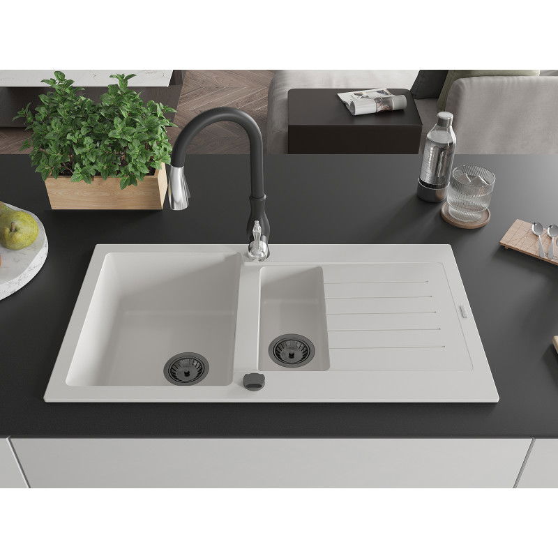 Mexen Matias granite sink 1.5-bowl with drainer and Savita kitchen tap, white - 6502-20-672601-70