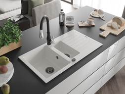 Mexen Matias 1.5-compartment granite sink with a drip tray and kitchen mixer tap Savita, White - 6502-20-672601-70
