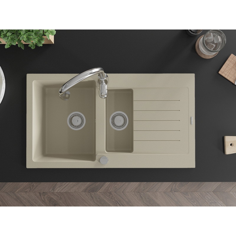 Mexen Matias granite sink 1.5-bowl with drainer and Savita kitchen faucet, beige - 6502-69-672601-00