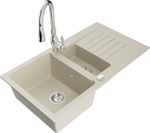 Mexen Matias 1.5-compartment granite sink with a drip tray and kitchen mixer tap Savita, Beige - 6502-69-672601-00