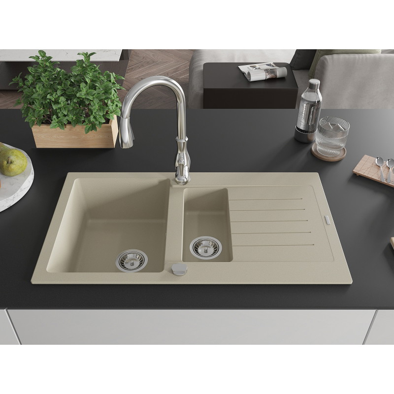 Mexen Matias granite sink 1.5-bowl with drainer and Savita kitchen faucet, beige - 6502-69-672601-00