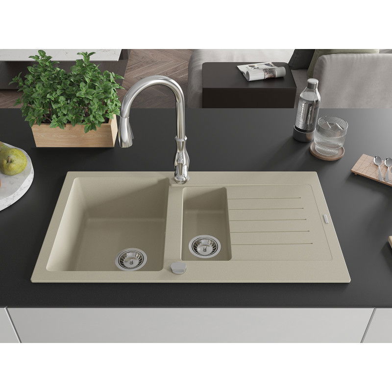 Mexen Matias granite sink 1.5-bowl with drainer and Savita kitchen tap, beige - 6502-69-672601-00