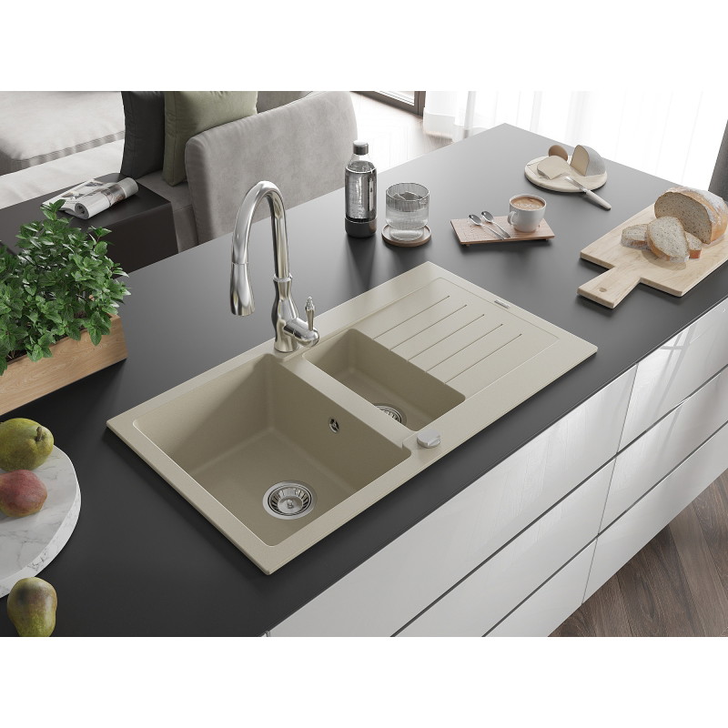 Mexen Matias granite sink 1.5-bowl with drainer and Savita kitchen faucet, beige - 6502-69-672601-00