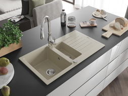 Mexen Matias 1.5-compartment granite sink with a drip tray and kitchen mixer tap Savita, Beige - 6502-69-672601-00