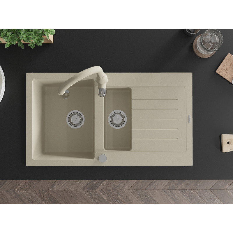 Mexen Matias granite sink 1.5-bowl with drainer and kitchen faucet Savita, beige - 6502-69-672601-69