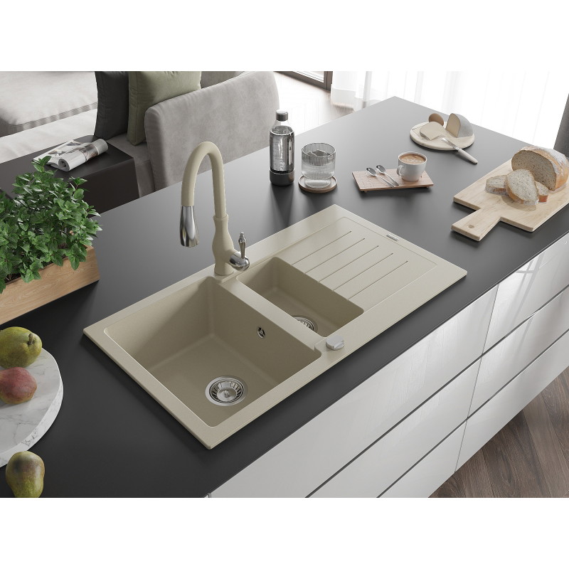 Mexen Matias granite sink 1.5-bowl with drainer and kitchen faucet Savita, beige - 6502-69-672601-69
