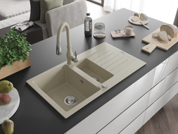 Mexen Matias Savita beige granite kitchen sink 1.5-bowl with drainer and kitchen faucet - 6502-69-672601-69