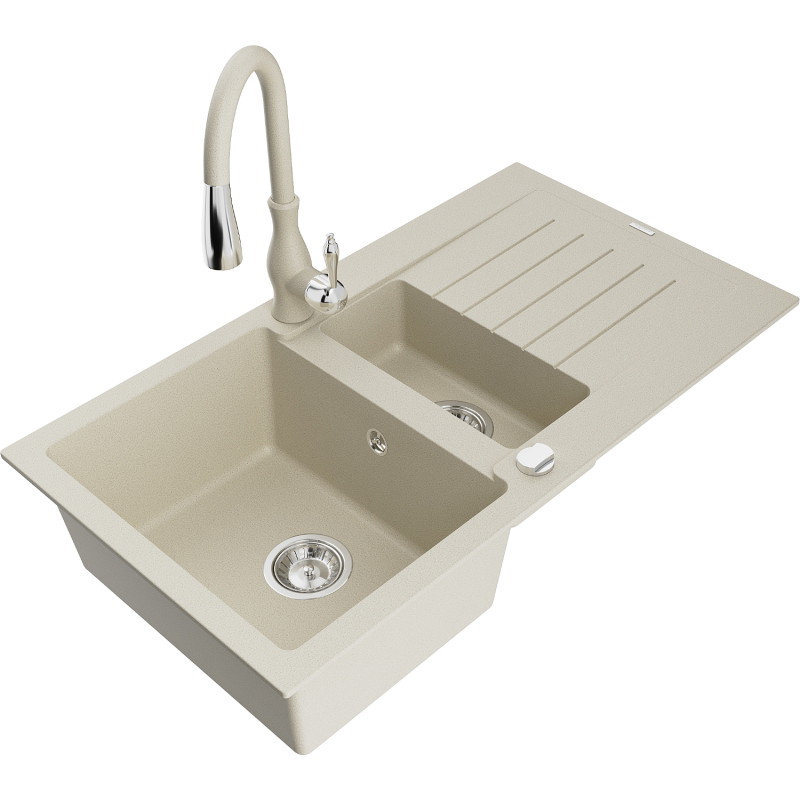 Mexen Matias granite sink 1.5-bowl with drainer and kitchen faucet Savita, beige - 6502-69-672601-69