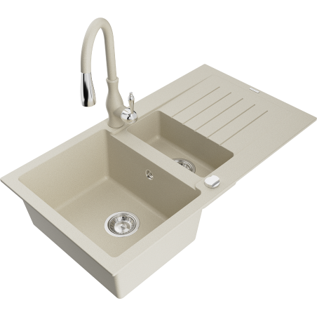 Mexen Matias 1.5-compartment granite sink with a drip tray and kitchen mixer tap Savita, Beige - 6502-69-672601-69