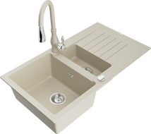 Mexen Matias Savita beige granite kitchen sink 1.5-bowl with drainer and kitchen faucet - 6502-69-672601-69