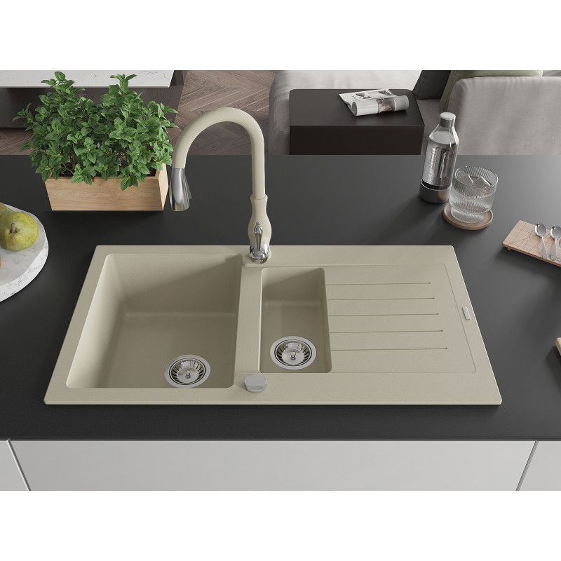 Mexen Matias granite sink 1.5-bowl with drainer and kitchen tap Savita, beige - 6502-69-672601-69