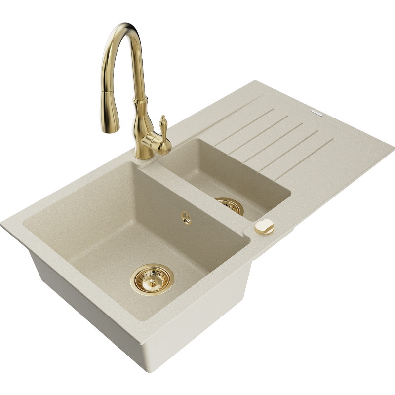Mexen Matias 1.5-bowl granite sink with drainer and Savita kitchen faucet, beige - 6502-69-672601-50