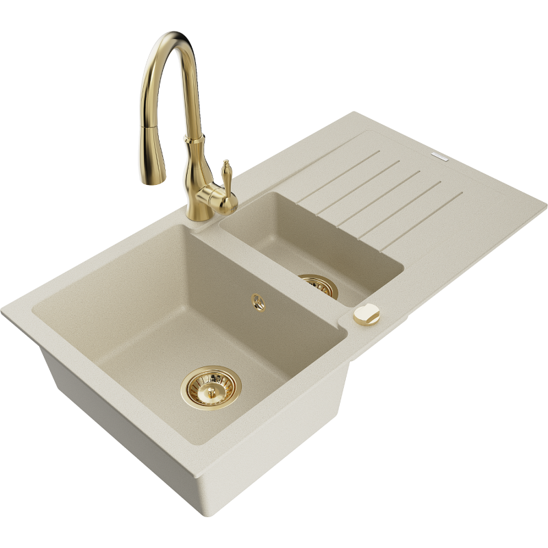 Mexen Matias granite sink 1.5-bowl with drainer and Savita kitchen tap, beige - 6502-69-672601-50