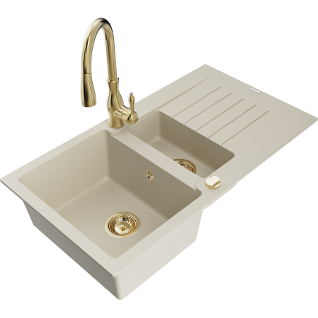 Mexen Matias 1.5-compartment granite sink with a drip tray and kitchen mixer tap Savita, Beige - 6502-69-672601-50