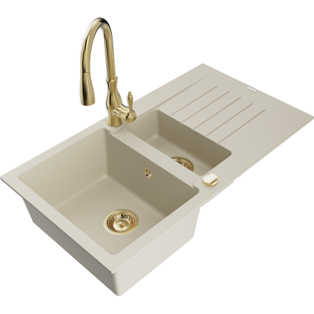 Mexen Matias granite sink 1.5-bowl with drainer and Savita kitchen tap, beige - 6502-69-672601-50
