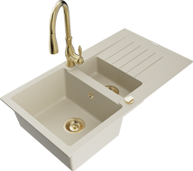 Mexen Matias 1.5-compartment granite sink with a drip tray and kitchen mixer tap Savita, Beige - 6502-69-672601-50