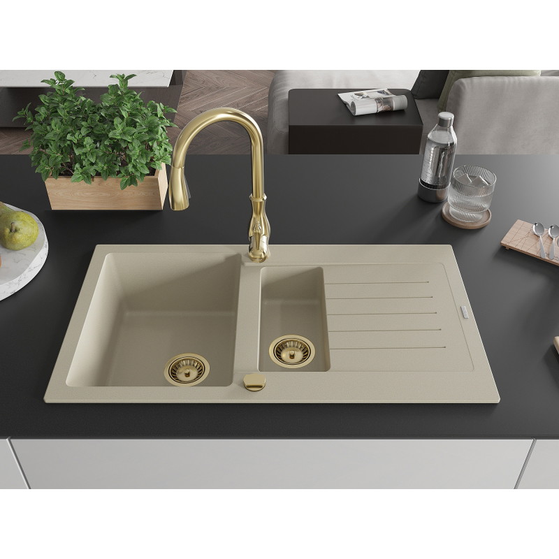 Mexen Matias 1.5-bowl granite sink with drainer and Savita kitchen faucet, beige - 6502-69-672601-50