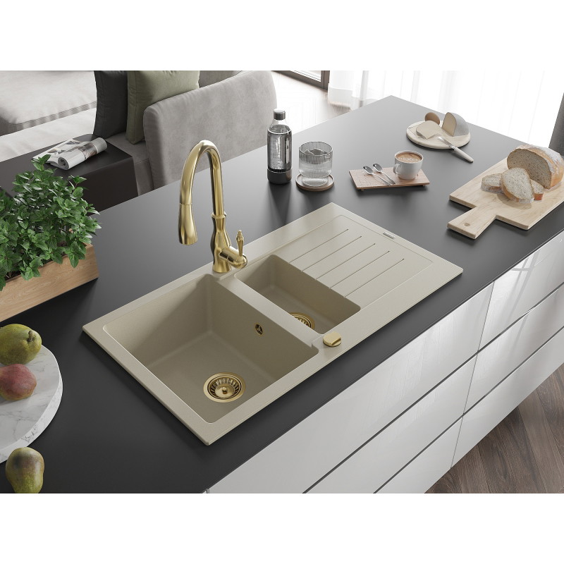Mexen Matias 1.5-bowl granite sink with drainer and Savita kitchen faucet, beige - 6502-69-672601-50