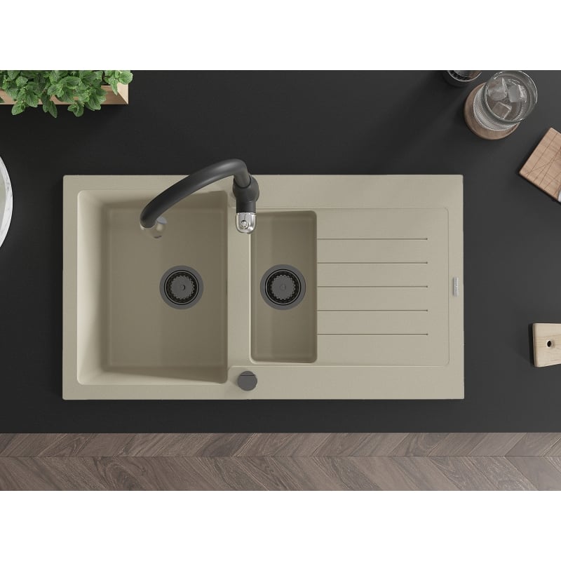 Mexen Matias granite sink 1.5-bowl with drainer and kitchen faucet Savita, beige - 6502-69-672601-70