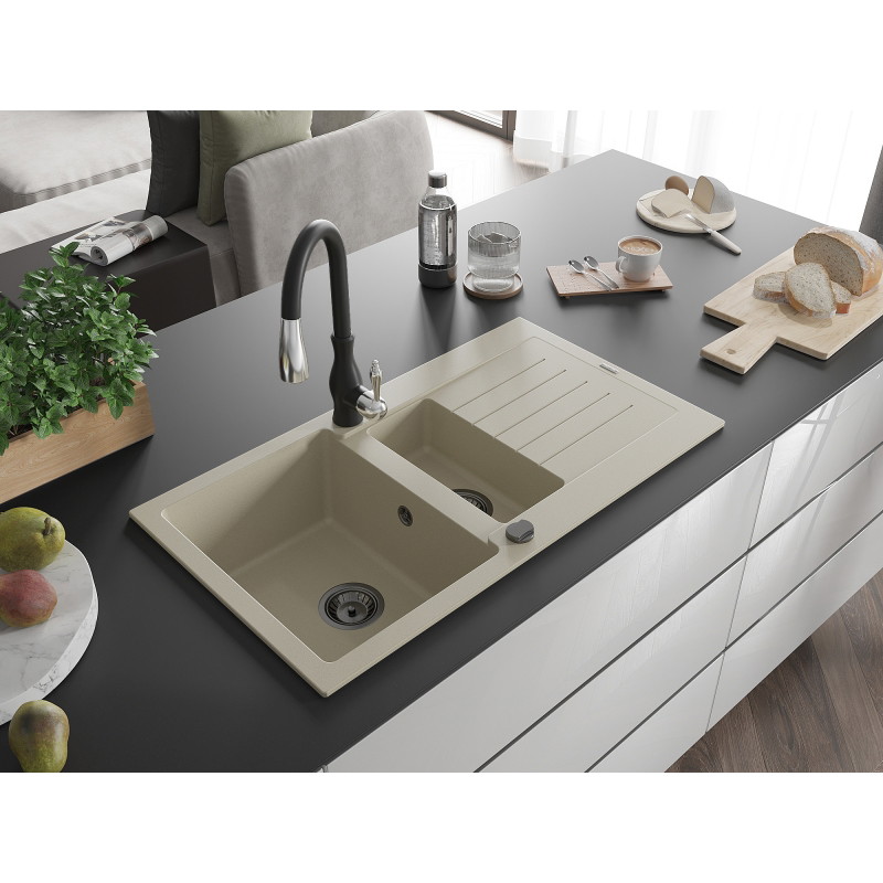 Mexen Matias granite sink 1.5-bowl with drainer and kitchen faucet Savita, beige - 6502-69-672601-70