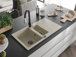 Mexen Matias 1.5-compartment granite sink with a drip tray and kitchen mixer tap Savita, Beige - 6502-69-672601-70
