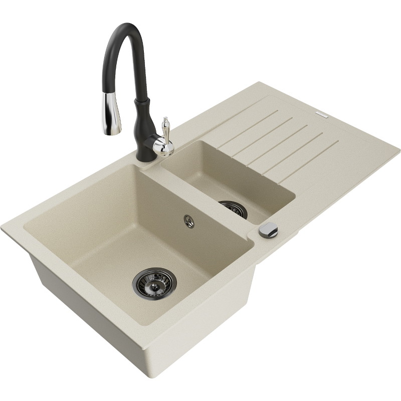 Mexen Matias granite sink 1.5-bowl with drainer and kitchen faucet Savita, beige - 6502-69-672601-70