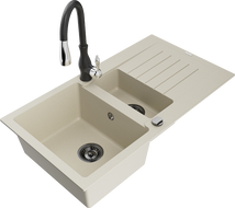 Mexen Matias 1.5-compartment granite sink with a drip tray and kitchen mixer tap Savita, Beige - 6502-69-672601-70