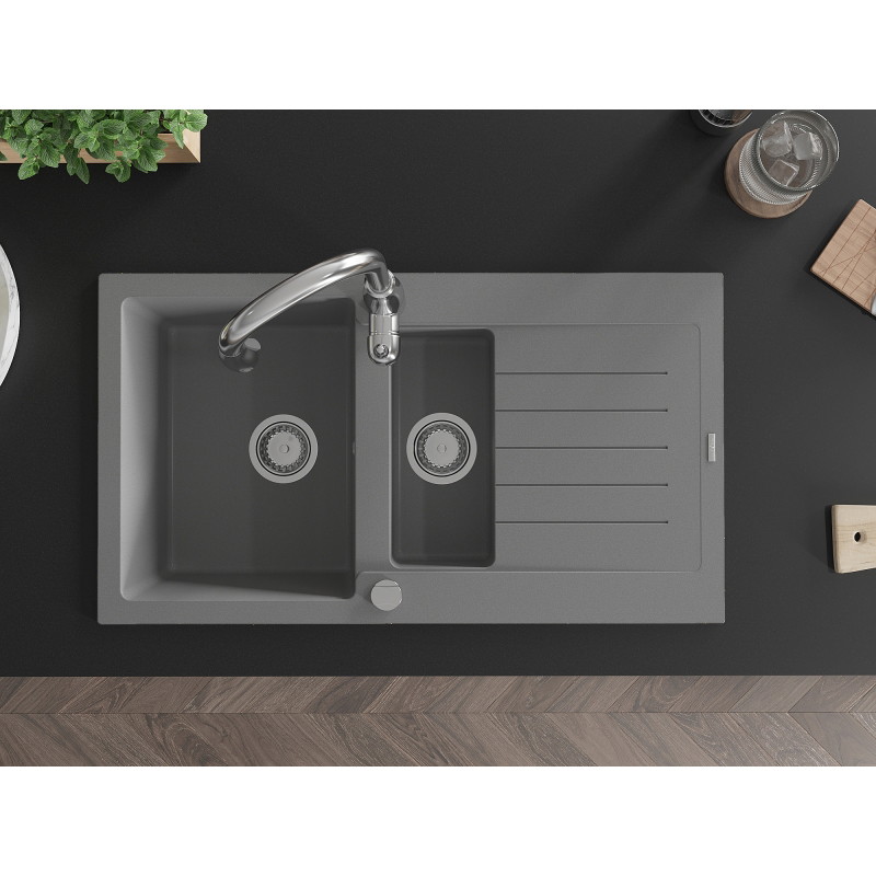 Mexen Matias granite sink 1.5-bowl with drainer and Savita kitchen faucet, gray - 6502-71-672601-00