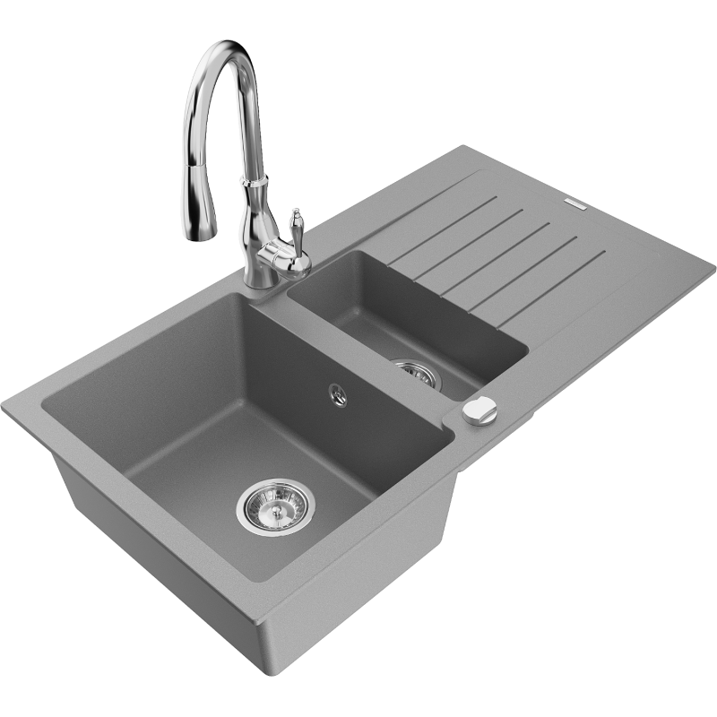 Mexen Matias 1.5-compartment granite sink with a drip tray and kitchen mixer tap Savita, Grey - 6502-71-672601-00