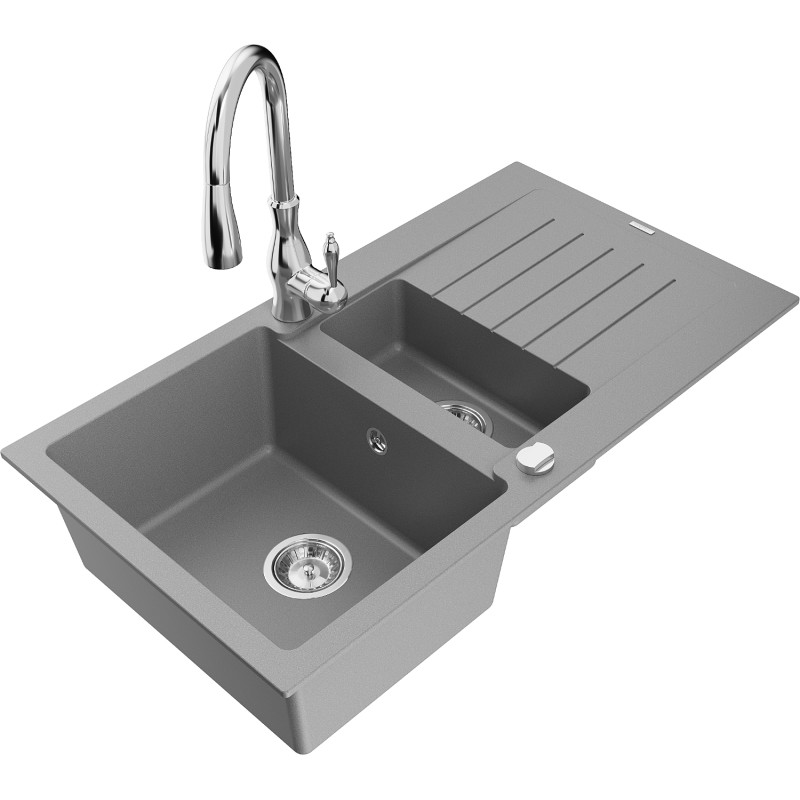 Mexen Matias granite sink 1.5-bowl with drainer and Savita kitchen faucet, gray - 6502-71-672601-00