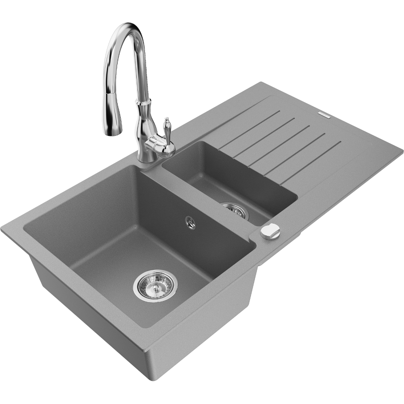 Mexen Matias granite sink 1.5-bowl with drainer and Savita kitchen tap, grey - 6502-71-672601-00