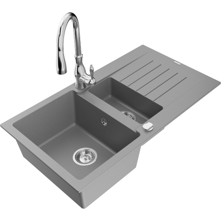 Mexen Matias granite sink 1.5-bowl with drainer and Savita kitchen tap, grey - 6502-71-672601-00