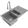 Mexen Matias 1.5-compartment granite sink with a drip tray and kitchen mixer tap Savita, Grey - 6502-71-672601-00