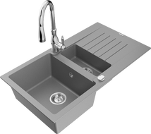 Mexen Matias 1.5-compartment granite sink with a drip tray and kitchen mixer tap Savita, Grey - 6502-71-672601-00