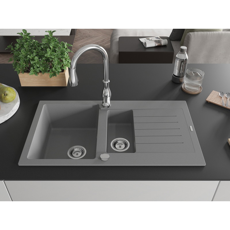 Mexen Matias granite sink 1.5-bowl with drainer and Savita kitchen faucet, gray - 6502-71-672601-00