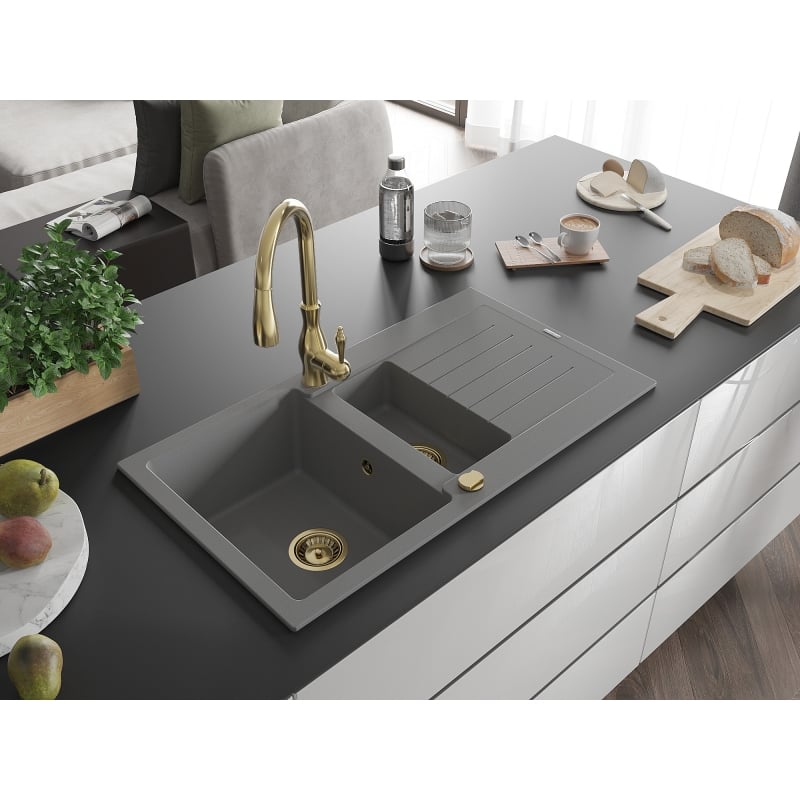 Mexen Matias granite kitchen sink 1.5-bowl with drainer and Savita kitchen faucet, gray - 6502-71-672601-50
